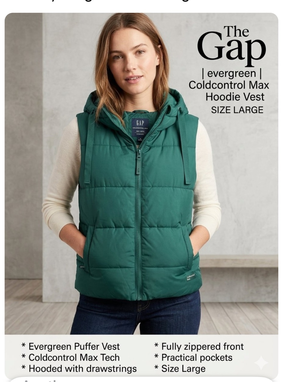 The Gap evergreen Coldcontrol Max Hoodie puffer Vest size large